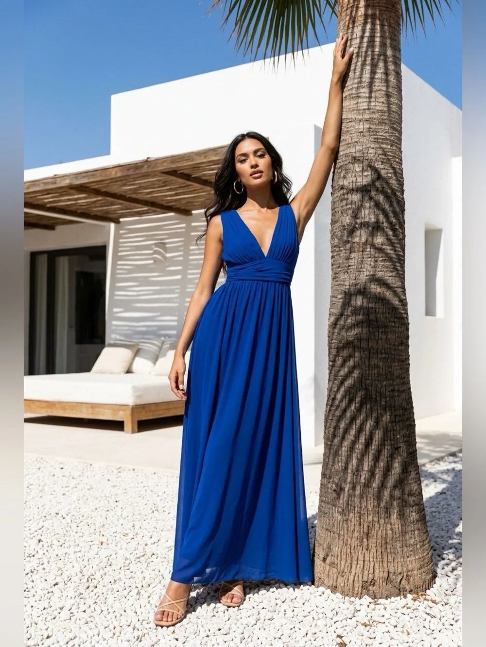 Chiffon V-Neck Maxi Dress in Royal Blue
